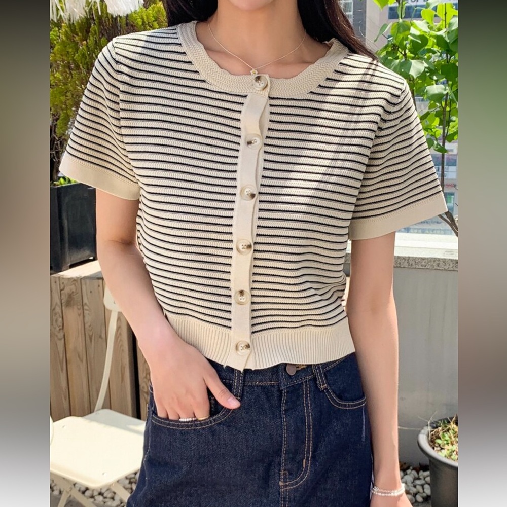 SHEIN Cream and Black Striped Button-Down Shirt